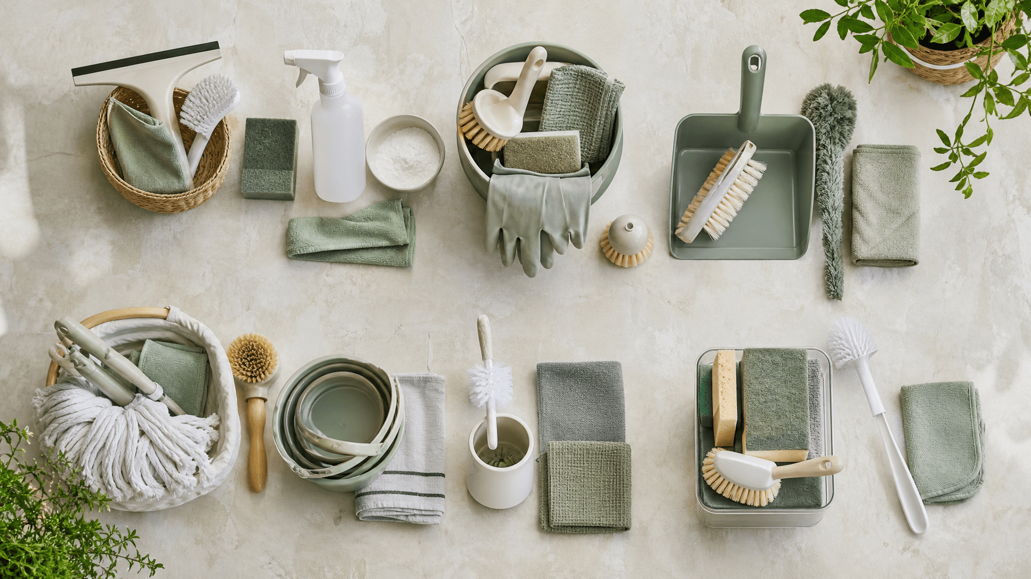 Cleaning tools sorted into tidy groups by room