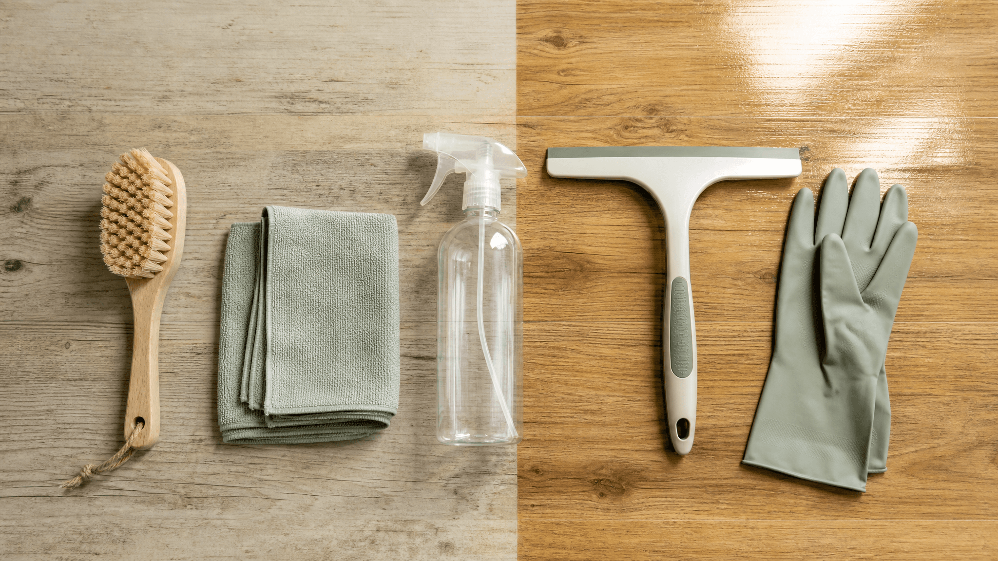 A home surface-care tool set laid out across a worktop that is dull on the left and polished to a shine on the right
