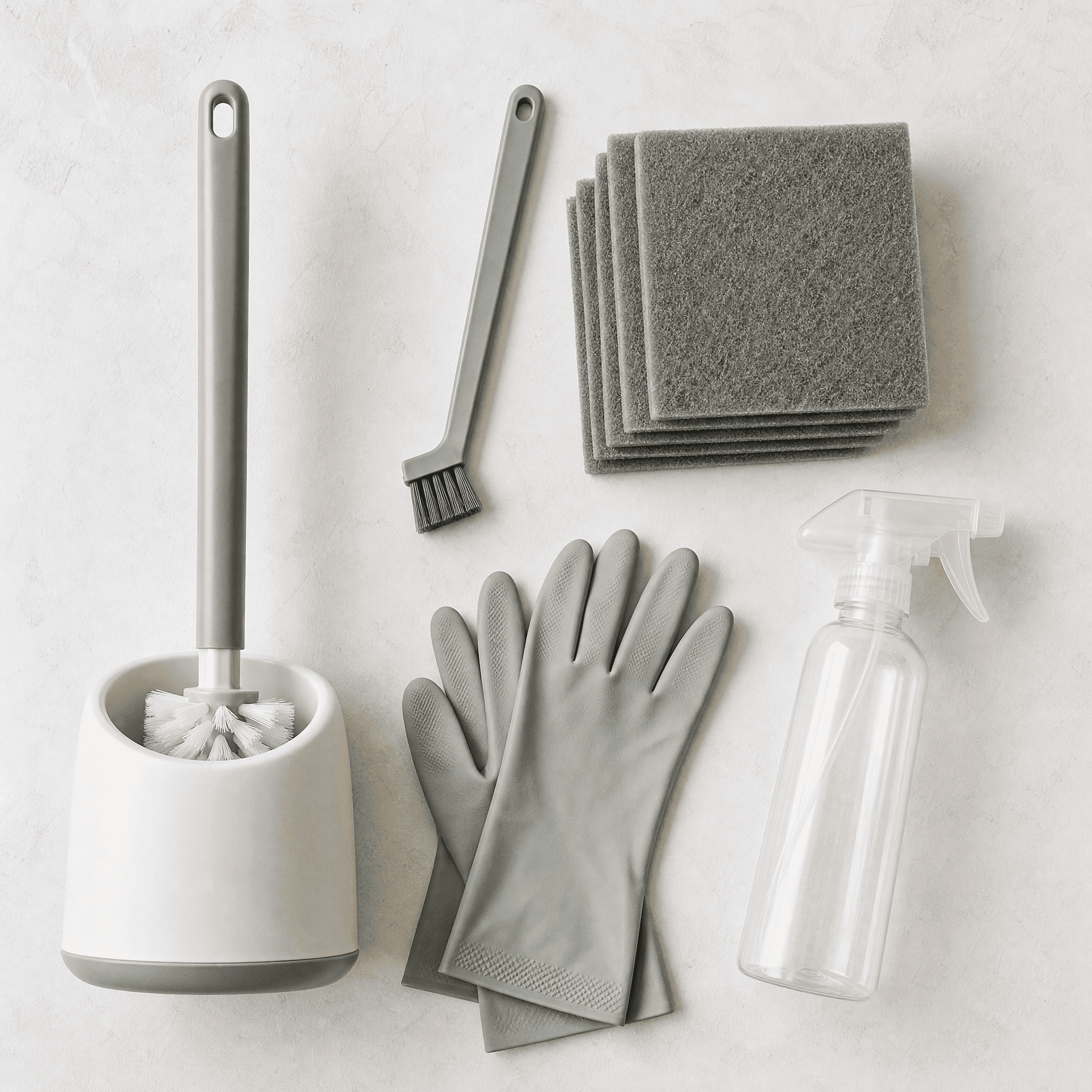 Bathroom Reset Kit — Toilet brush with holder, Slim crevice detail brush, Scouring pad set, Cleaning gloves, Reusable empty spray bottle x1