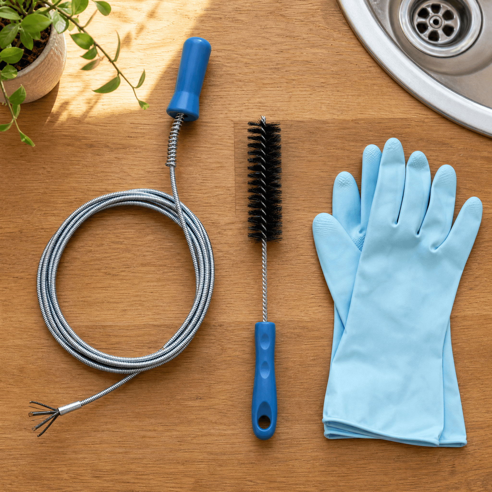 Drain & Sink Kit — Flexible drain-clearing tool, Crevice detail brush, Cleaning gloves