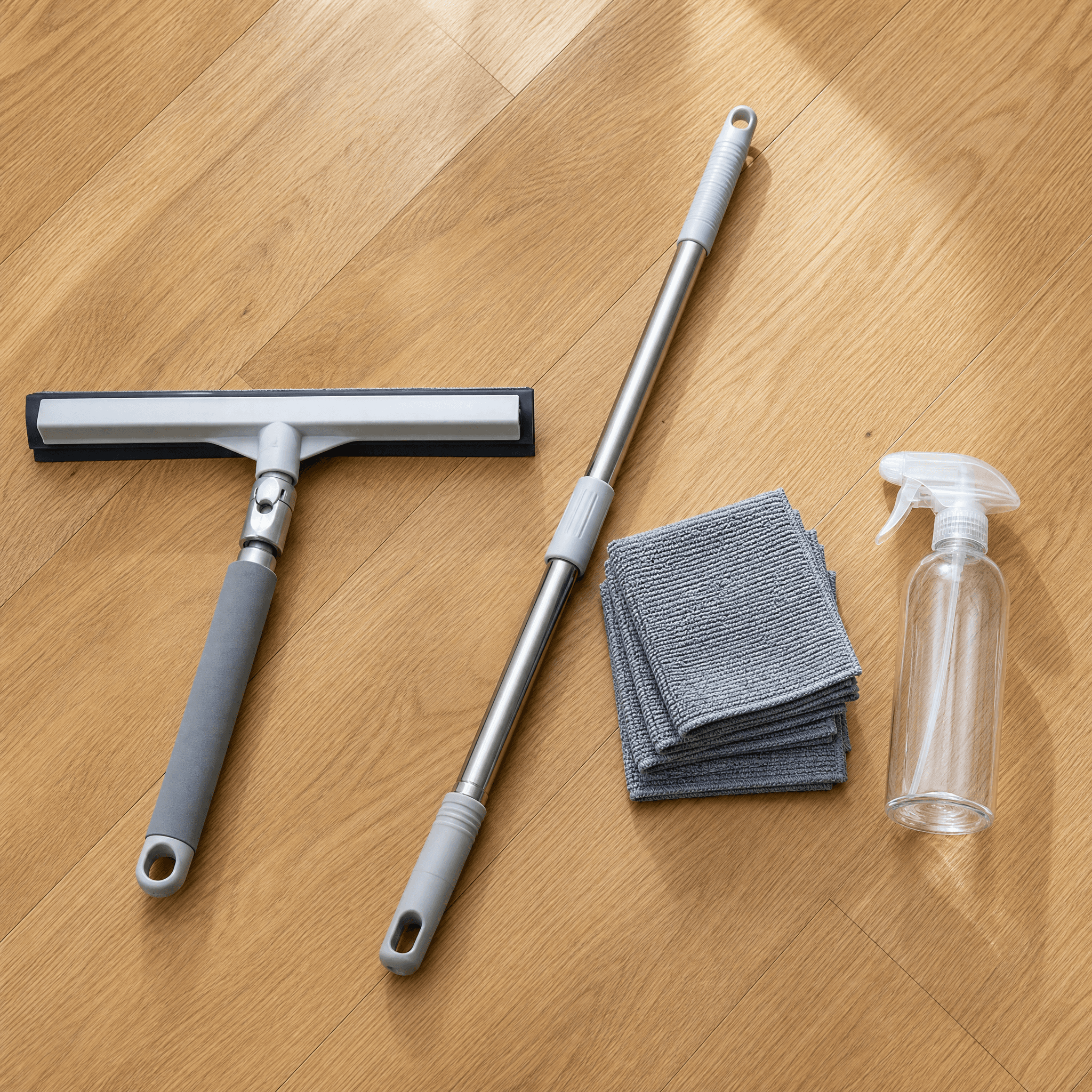 Floor Revival Kit — Floor squeegee wiper, Extendable pole cleaner, Scouring cloth set, Reusable empty spray bottle x1