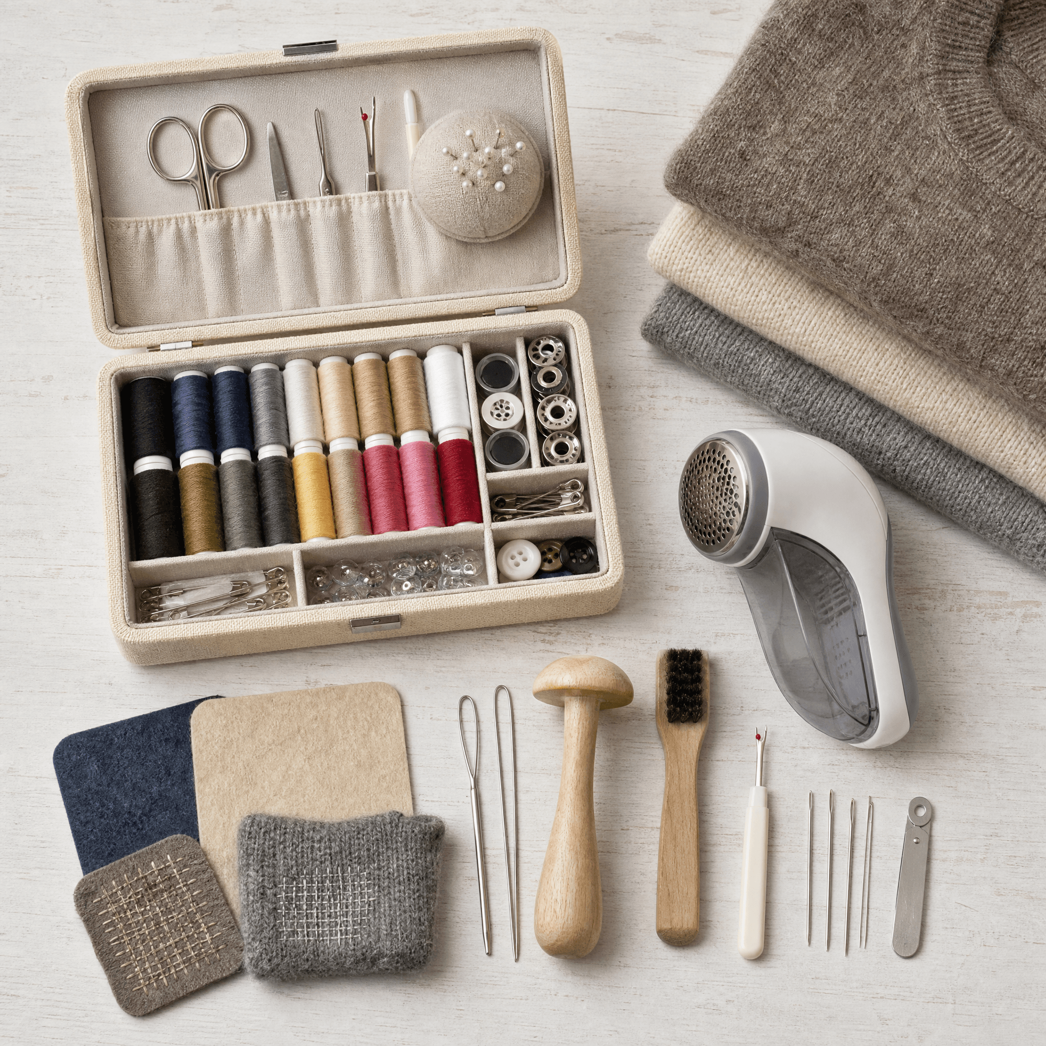 Garment Repair & Care Kit — Sewing kit box, Darning tools, Fabric shaver lint remover