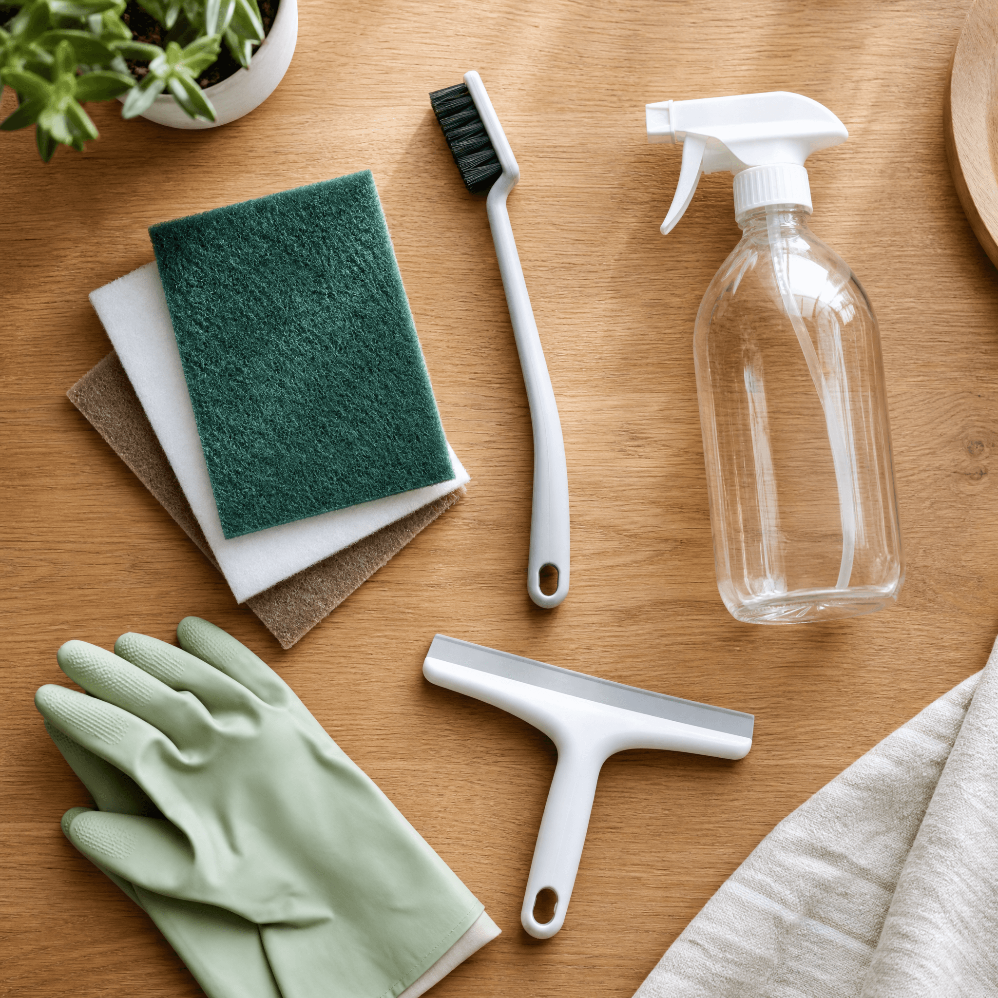 Kitchen Surface Kit — Scouring pad set, Crevice detail brush, Worktop glass squeegee scraper, Cleaning gloves, Reusable empty spray bottle x1