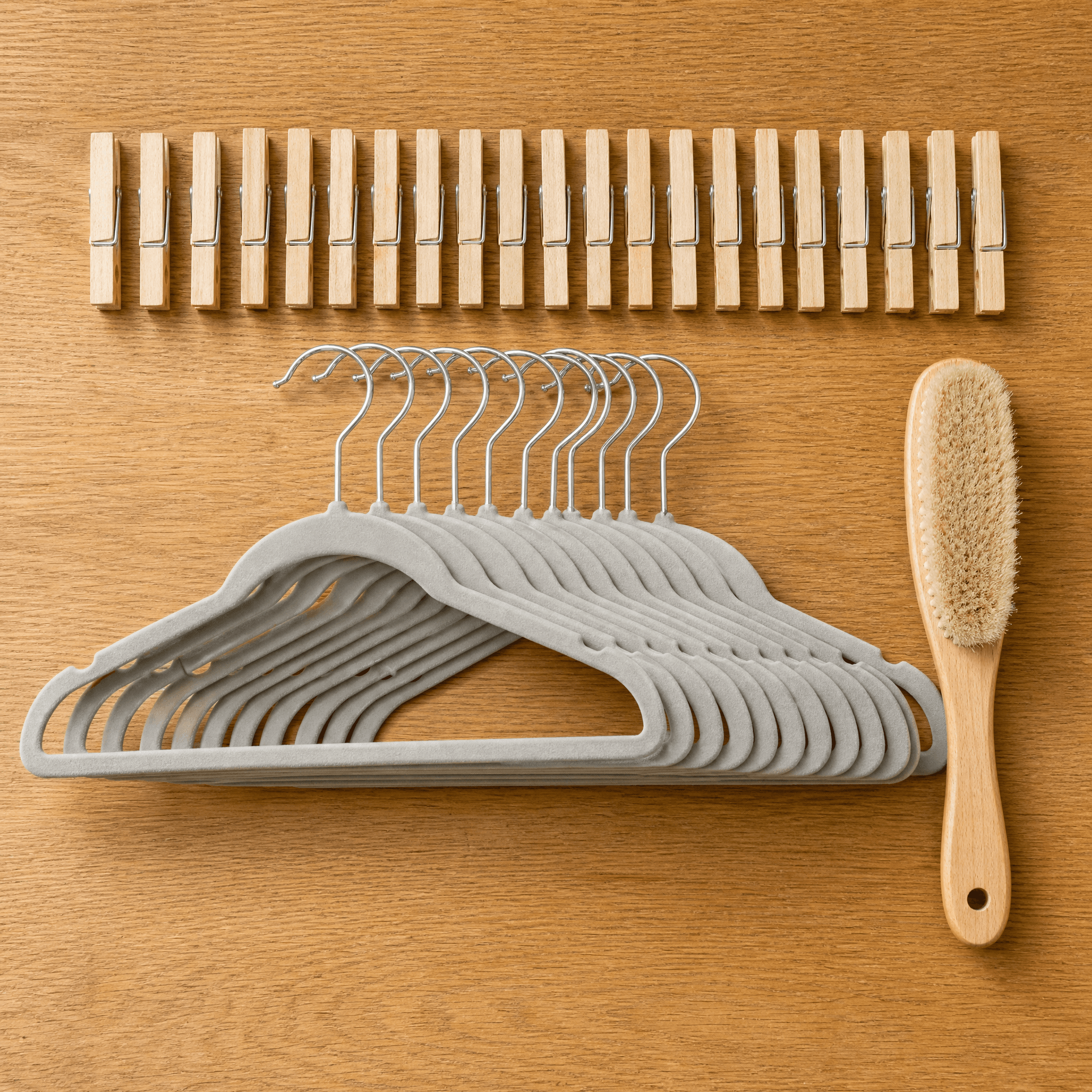 Laundry-Day Kit — Clothespins x20, Non-slip hangers x10, Garment care brush