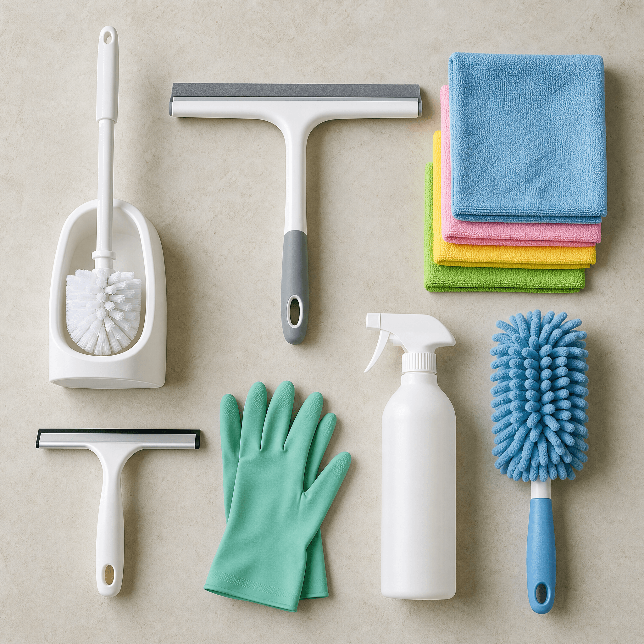 Move-In / Move-Out Kit — Toilet brush with holder, Floor squeegee wiper, Glass squeegee, Scouring pad set, Cleaning gloves, Reusable empty spray bottle x1, Microfiber duster