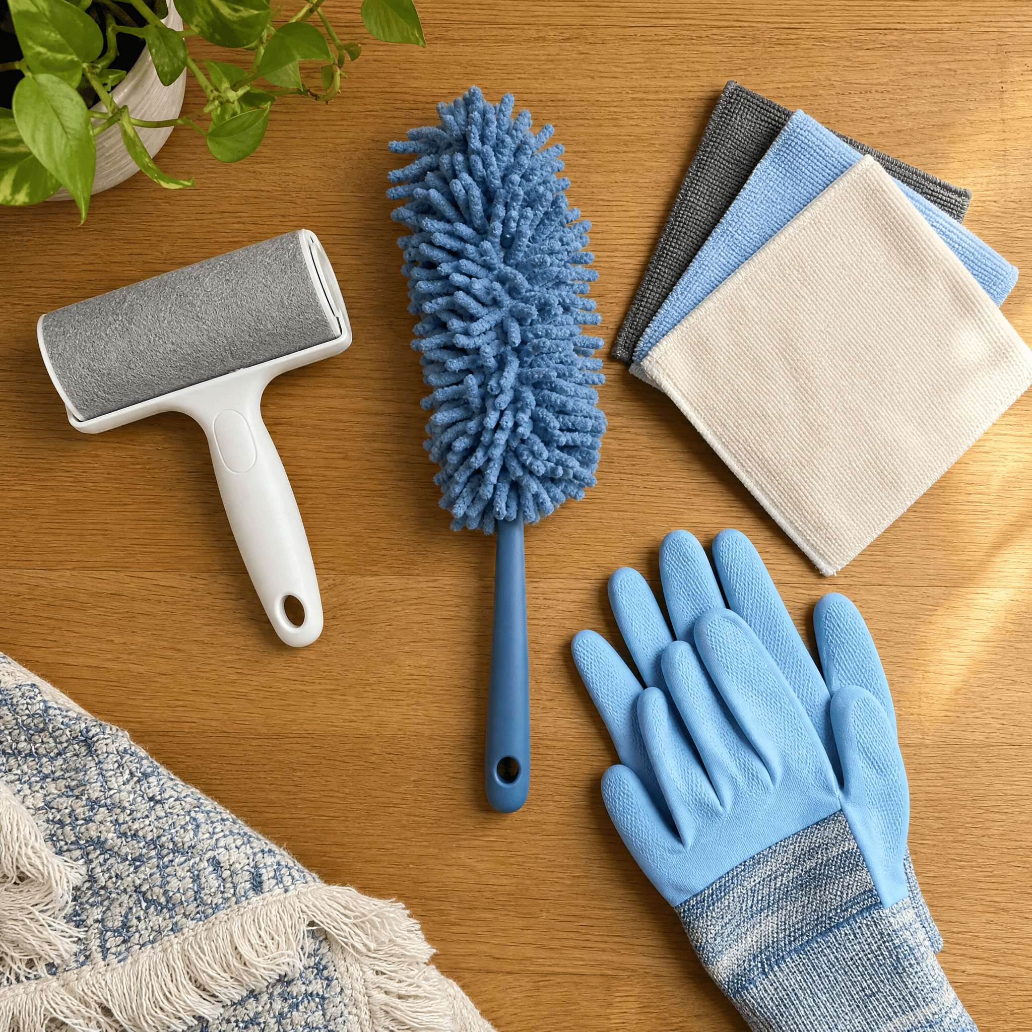 Pet-Home Cleanup Kit — Reusable pet hair roller, Microfiber duster, Scouring cloth set, Cleaning gloves