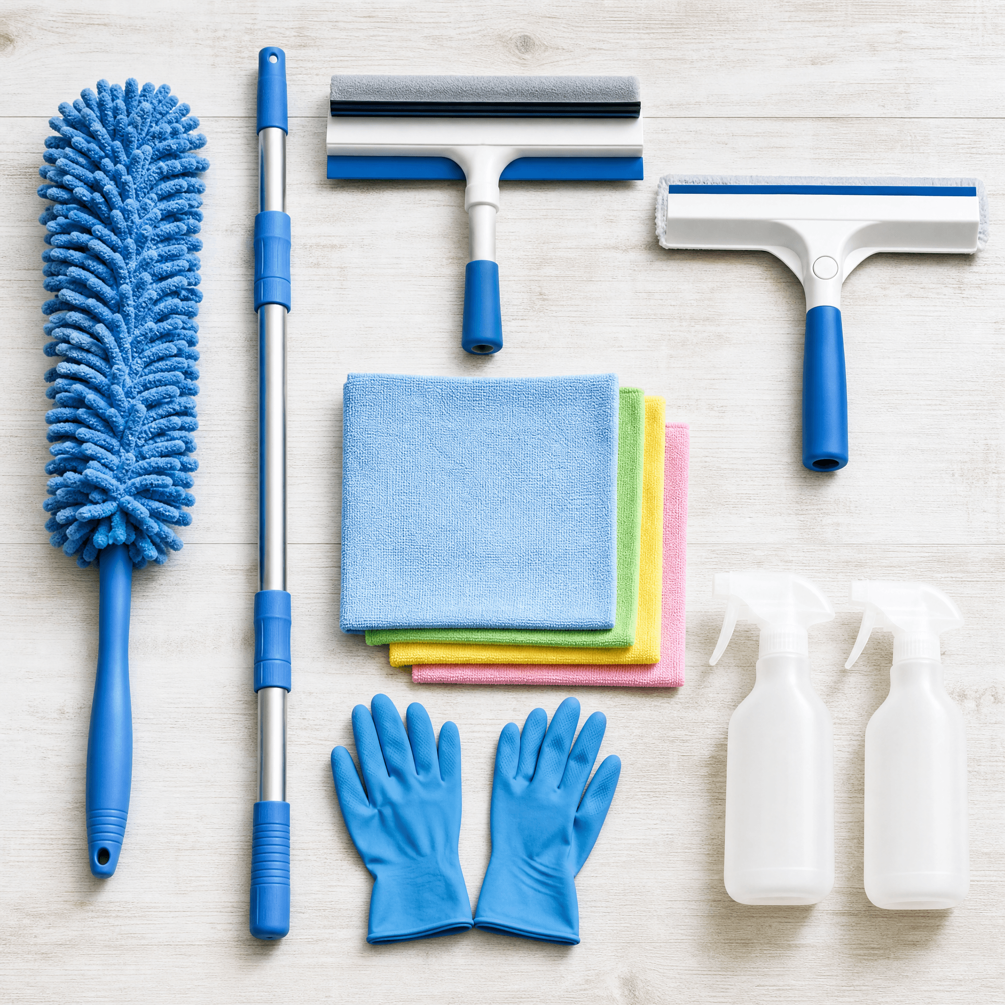 Seasonal Big-Clean Bundle — Microfiber duster, Extendable pole cleaner, Floor squeegee wiper, Flat window-cleaning wiper, Scouring pad set, Cleaning gloves, Reusable empty spray bottle x2