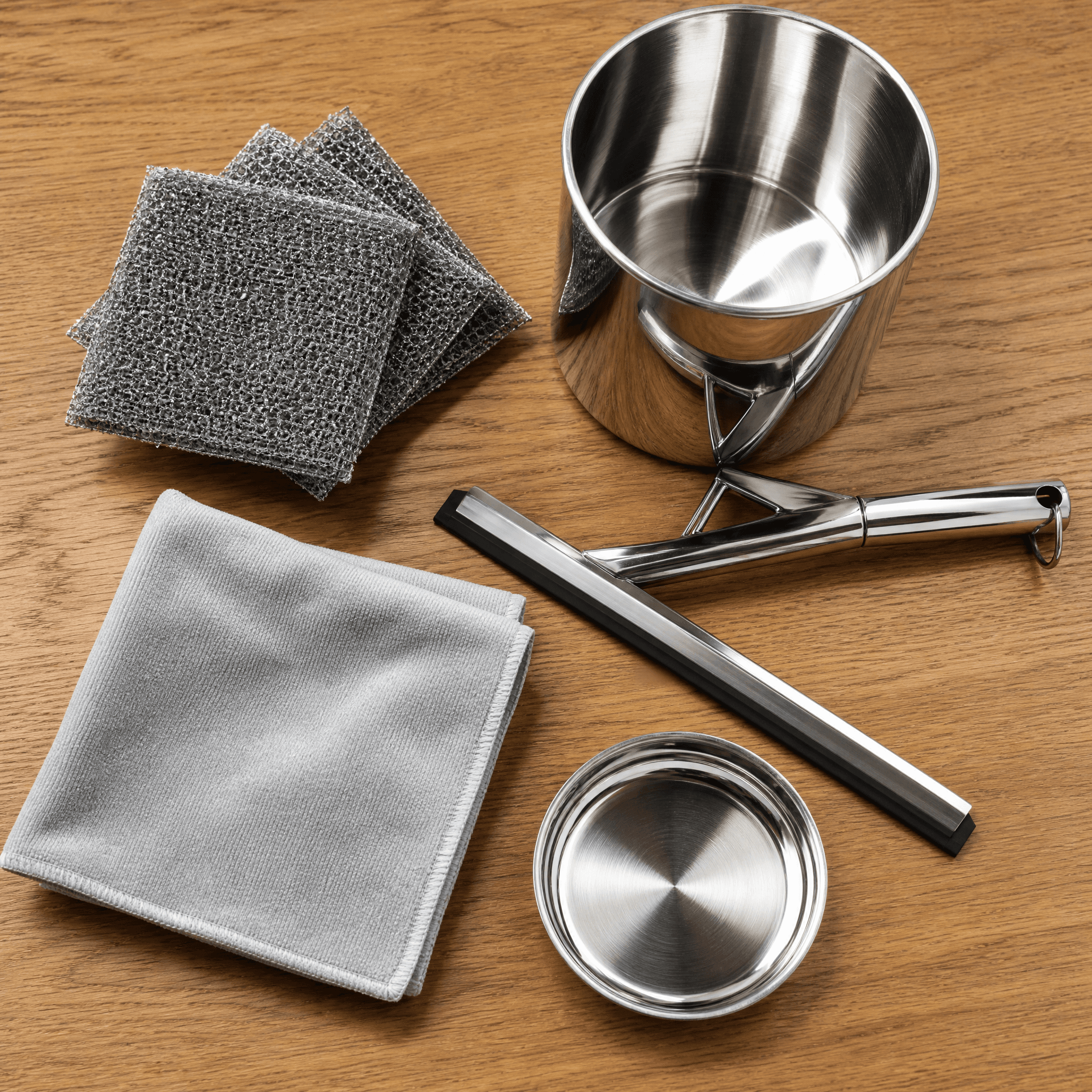 Stainless & Chrome Shine Kit — Non-scratch scouring pad set, Glass squeegee, Soft polishing cloth