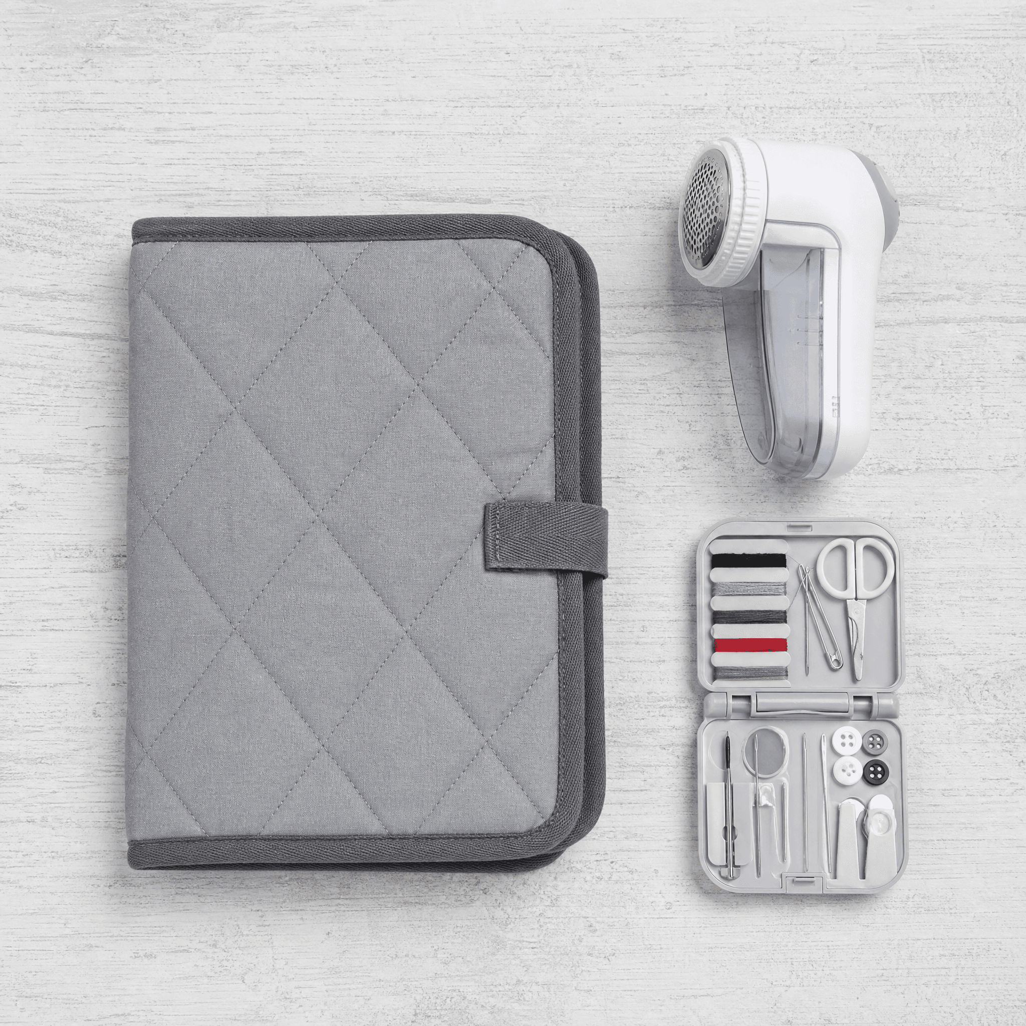 Travel Tidy Kit — Compact travel ironing mat, Portable fabric shaver, Mini sewing kit box