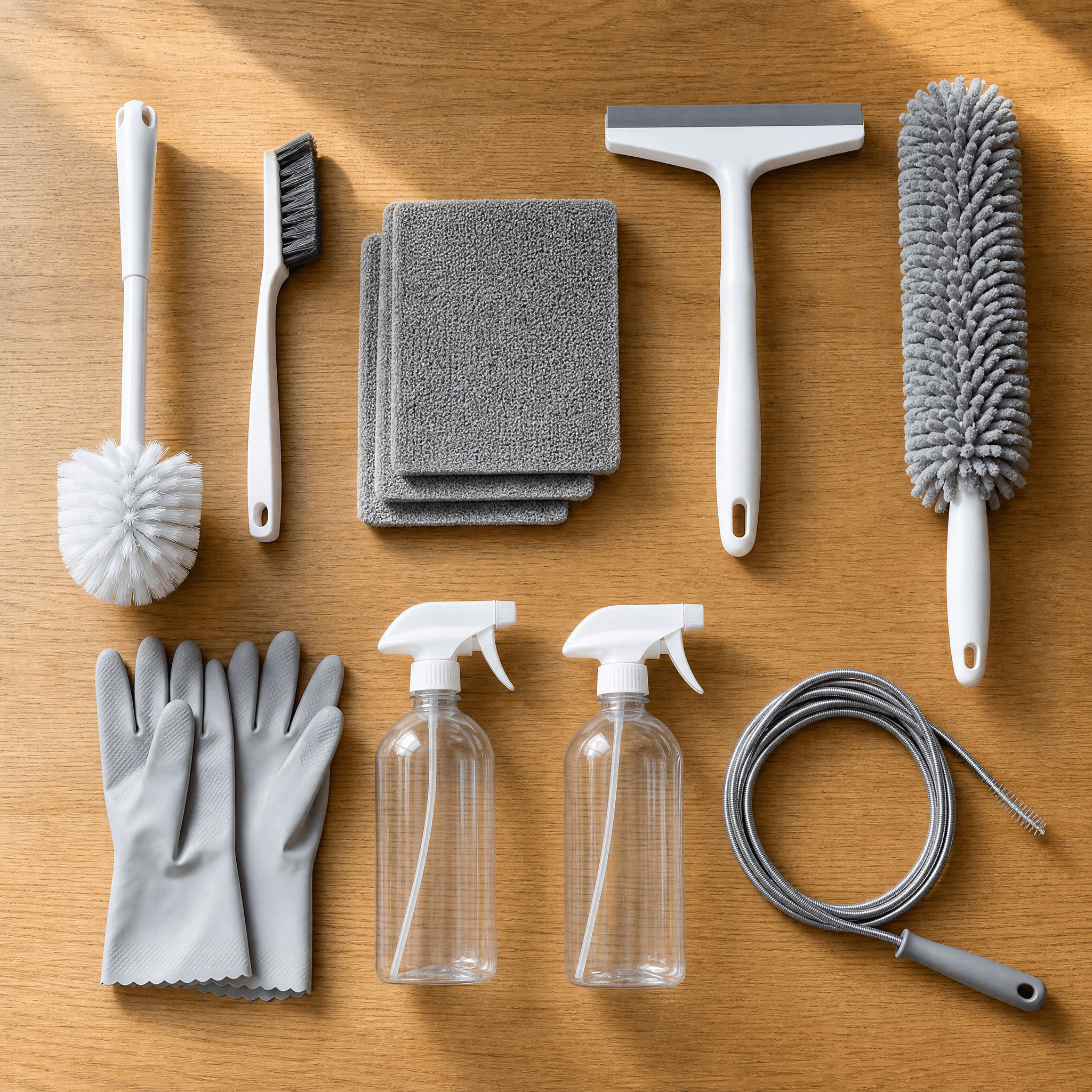 Whole-Home Deep-Clean Starter — Toilet brush, Crevice detail brush, Scouring pad set, Floor squeegee wiper, Microfiber duster, Cleaning gloves, Reusable empty spray bottle x2, Flexible drain-clearing tool