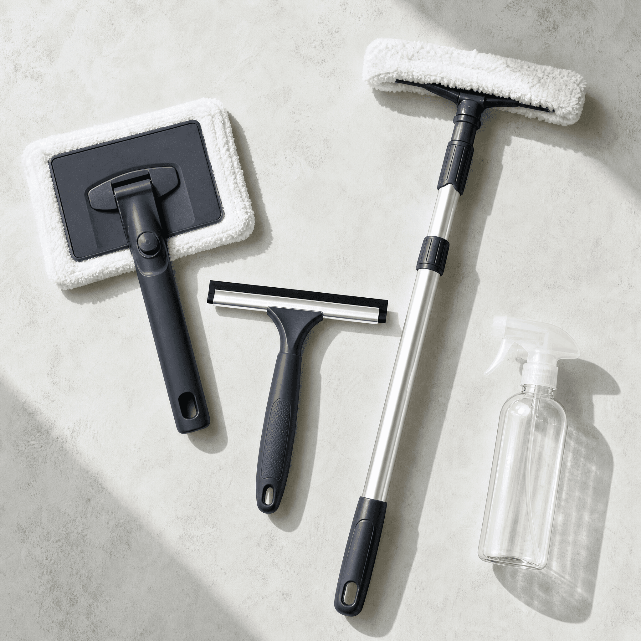 Window & Glass Kit — Flat window-cleaning wiper, Glass squeegee, Extendable pole cleaner, Reusable empty spray bottle x1