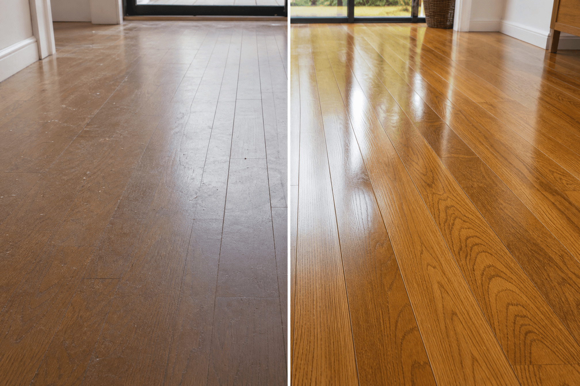 A hard floor shown dull and dusty on one side and revived to a gentle sheen on the other